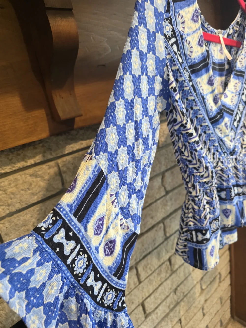 Free People Blue Printed Wrap Smocked-Waist Blouse